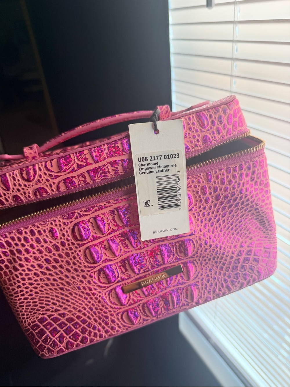 Brahmin Metallic Hot Pink Croc-Embossed Cosmetic Case